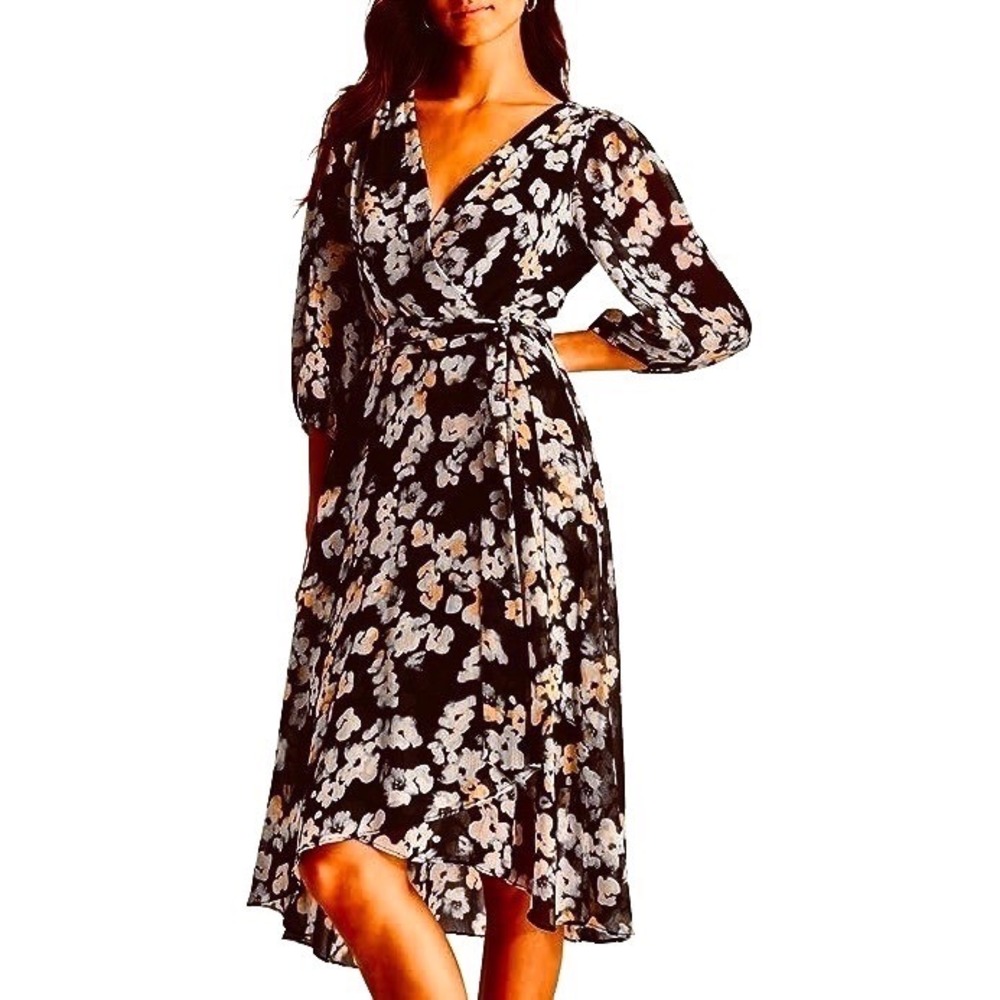 Cato Floral Wrap Dress Womens‎ L Black Yellow White Party Career